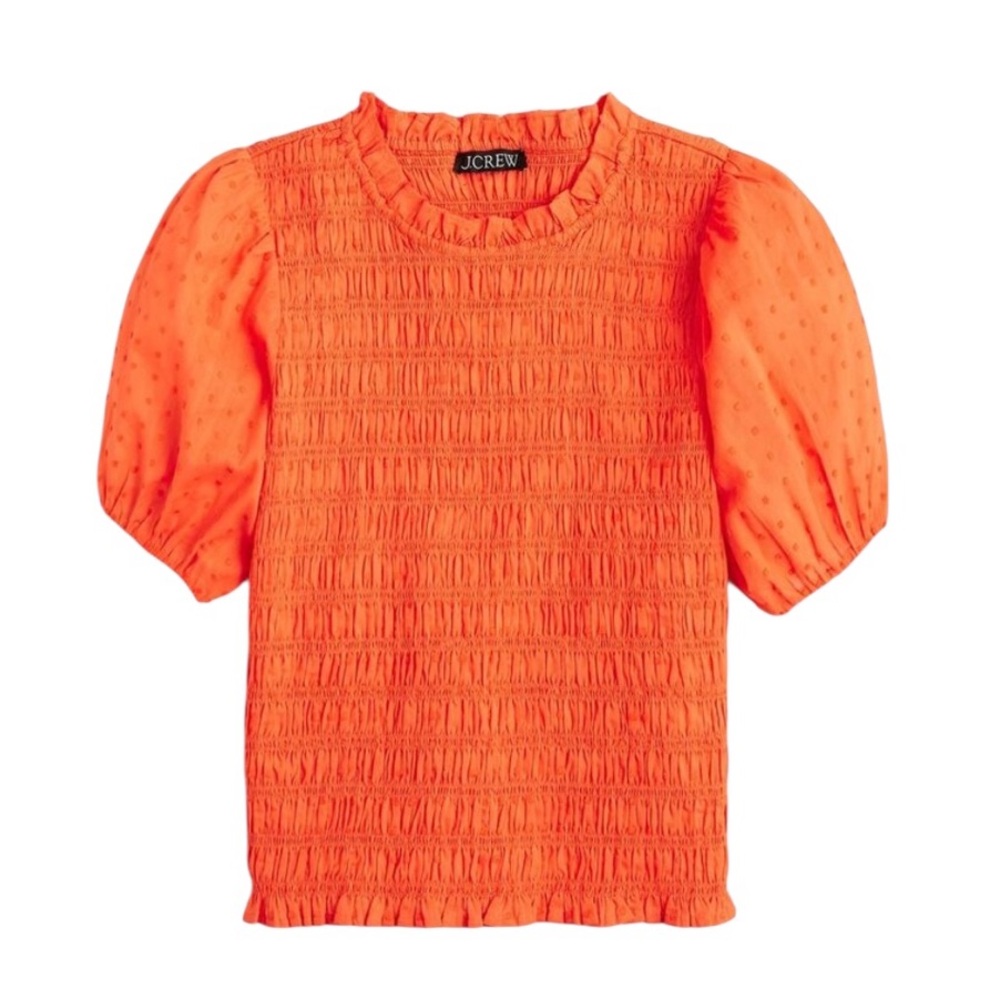 NWT J. Crew Orange Textured Voile Smocked Swiss Dot Puff Sleeve Top - M